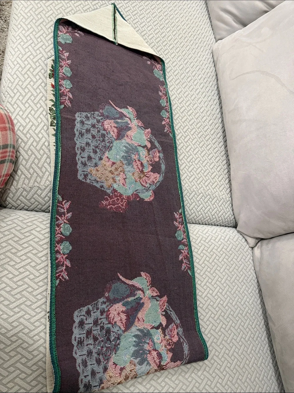 Vintage Tapestry Fruit Basket Embroidered Table Runner and 2 Placemats 70” Long